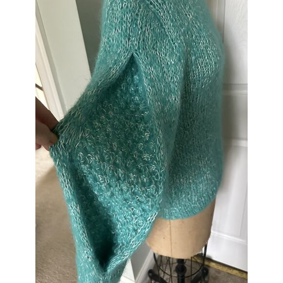 Vintage mohair Blend Sweater Woman Crew Blue Teal Turquoise White Wide Sleeves - Picture 11 of 16